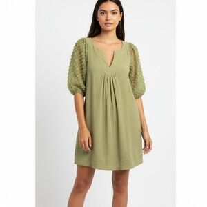 Umgee Olive Green Puff Sleeves V-Neck Textured Boho Casual Short Dress Medium